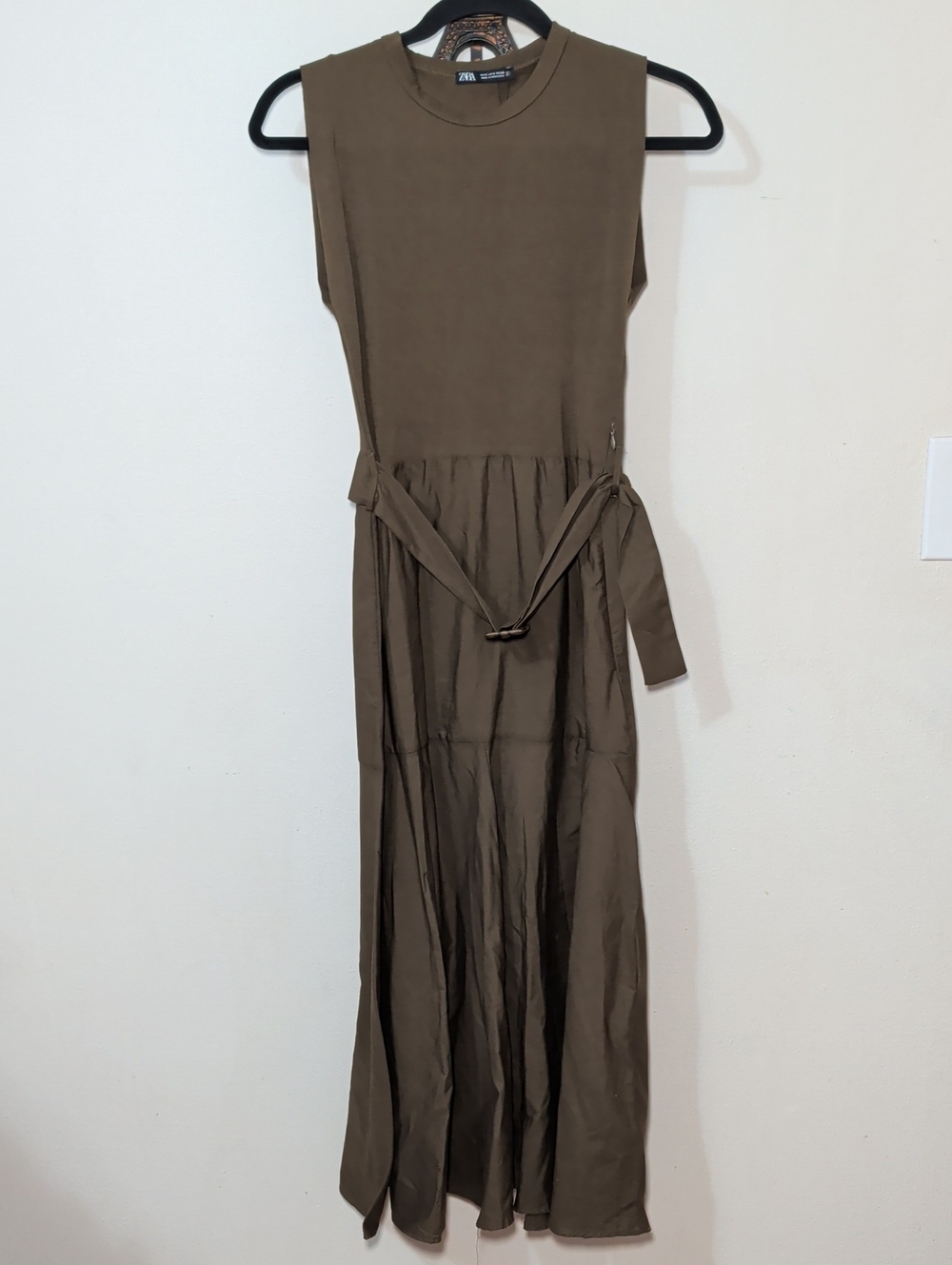 Zara Belted Midi Dress Brown Poplin Skirt Cotton Stretch Minimalist Women Size S